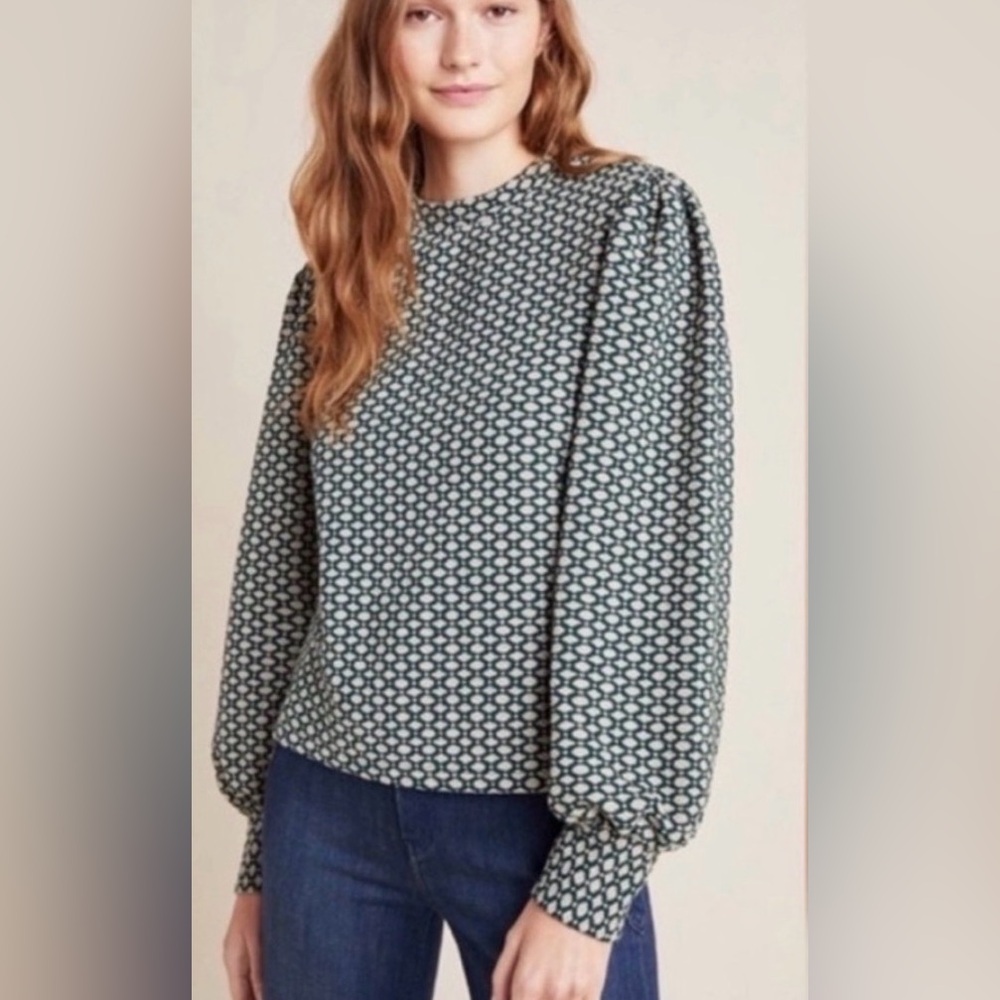 Anthropologie Maeve Green Geometric Patterned Balloon Sleeved Sweater Top